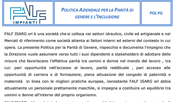 Politica aziendale per la parità di genere e l'inclusione